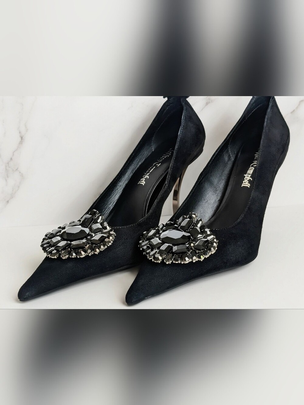 Jeffrey Campbell Parliament Black Suede Crystal Pointed Toe Pumps 8 - Picture 12 of 14